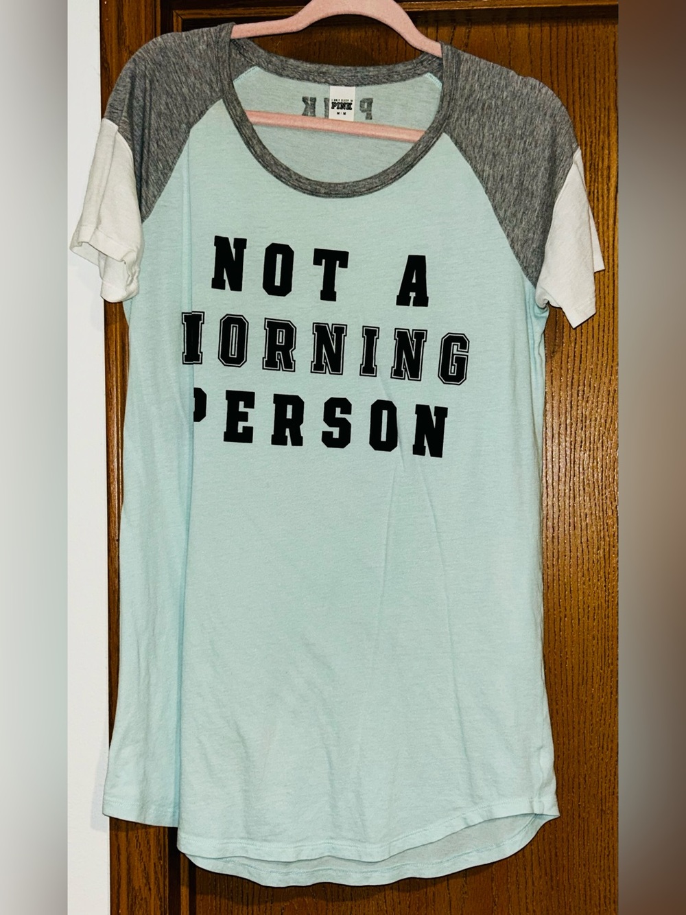 PINK Victoria's Secret 'Not A Morning Person' Tee - Light Blue, Gray & White